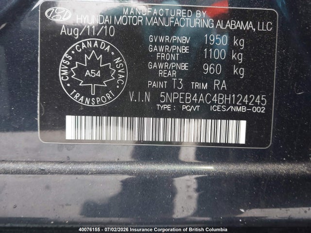 40076155 :رقم المزاد ، 5NPEB4AC4BH124245 vin ، 2011 Hyundai Sonata Gls مزاد بيع