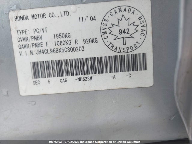 40076163 :رقم المزاد ، JH4CL968X5C800203 vin ، 2005 Acura Tsx مزاد بيع