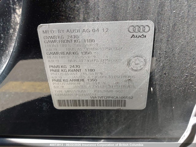 2012 Audi Q5 Prestige მანქანა იყიდება აუქციონზე, vin: WA1VFCFP4CA106552, აუქციონის ნომერი: 40073913