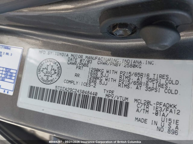 2004 Toyota Sienna Ce მანქანა იყიდება აუქციონზე, vin: 5TDZA29C24S048440, აუქციონის ნომერი: 40069297