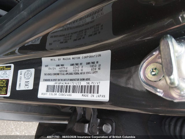 Aukcja sprzedaży 2024 Mazda 3 Preferred, vin: JM1BPACMXR1721233, numer aukcji: 40071783