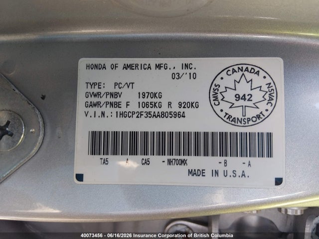 Продажа на аукционе авто 2010 Honda Accord Lx, vin: 1HGCP2F35AA805964, номер лота: 40073456