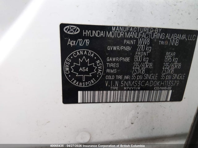 Aukcja sprzedaży 2019 Hyundai Santa Fe Sel/sel Plus, vin: 5NMS3CAD0KH113579, numer aukcji: 40065435