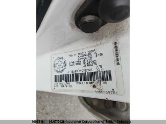 40076181 :رقم المزاد ، 2T1BA01EXVC166202 vin ، 1997 Toyota Corolla مزاد بيع