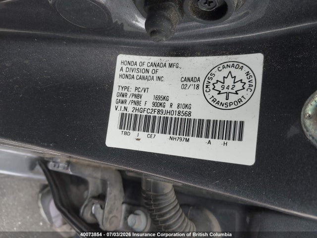 Продаж на аукціоні авто 2018 Honda Civic Ex, vin: 2HGFC2F89JH018568, номер лоту: 40073854