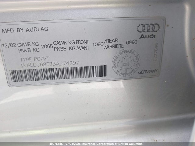 2003 Audi A4 მანქანა იყიდება აუქციონზე, vin: WAUJC68E33A274397, აუქციონის ნომერი: 40076186