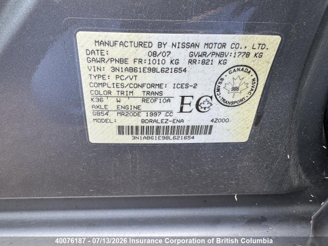 Aukcja sprzedaży 2008 Nissan Sentra 2.0/2.0s/2.0sl, vin: 3N1AB61E98L621654, numer aukcji: 40076187