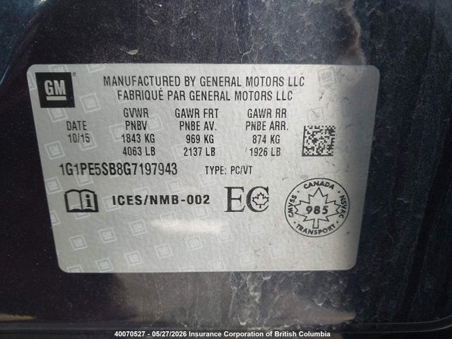 40070527 :رقم المزاد ، 1G1PE5SB8G7197943 vin ، 2016 Chevrolet Cruze Limited Lt مزاد بيع