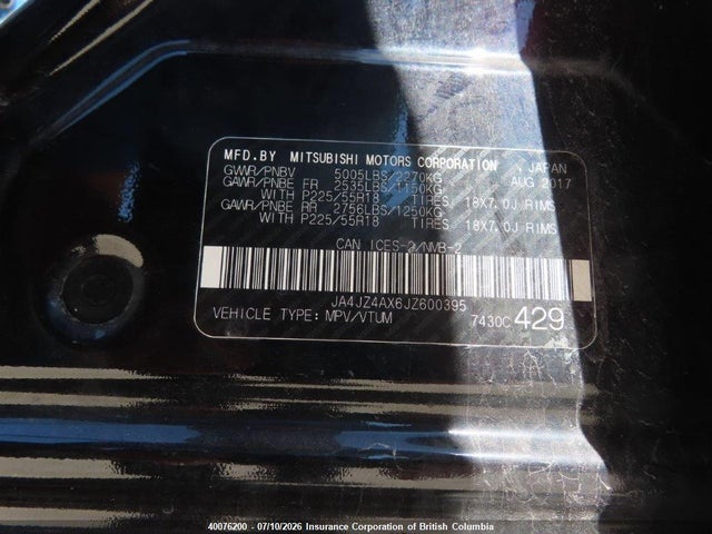 Aukcja sprzedaży 2018 Mitsubishi Outlander Gt, vin: JA4JZ4AX6JZ600395, numer aukcji: 40076200