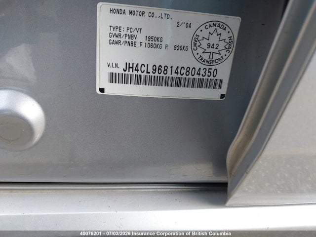 Продаж на аукціоні авто 2004 Acura Tsx, vin: JH4CL96814C804350, номер лоту: 40076201