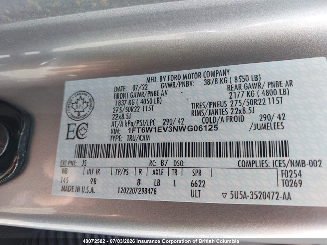 40072502 :رقم المزاد ، 1FT6W1EV3NWG06125 vin ، 2022 Ford F150 Lightning Pro/lightning Xlt/lightning Lariat/lightning Platinum مزاد بيع
