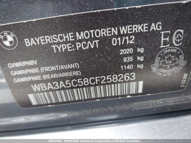 40072466 :رقم المزاد ، WBA3A5C58CF258263 vin ، 2012 Bmw 328 I مزاد بيع