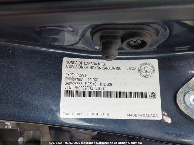 Honda Civic 2020 2HGFC2F7XLH008397 Image 9