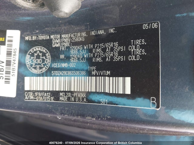 2006 Toyota Sienna Ce მანქანა იყიდება აუქციონზე, vin: 5TDZA29C86S506386, აუქციონის ნომერი: 40076240