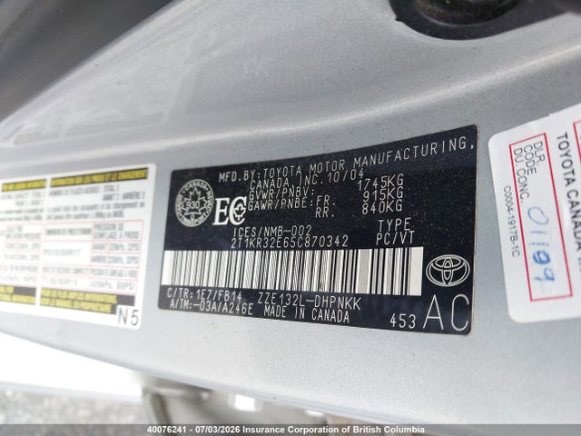 2005 Toyota Corolla Matrix Xr მანქანა იყიდება აუქციონზე, vin: 2T1KR32E65C870342, აუქციონის ნომერი: 40076241