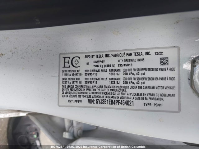 Aukcja sprzedaży 2023 Tesla Model 3, vin: 5YJ3E1EB4PF454021, numer aukcji: 40076257