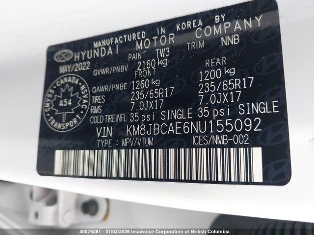 Продажа на аукционе авто 2022 Hyundai Tucson Sel, vin: KM8JBCAE6NU155092, номер лота: 40076261