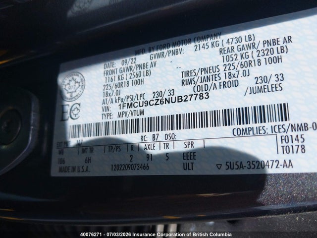 2022 Ford Escape Sel მანქანა იყიდება აუქციონზე, vin: 1FMCU9CZ6NUB27783, აუქციონის ნომერი: 40076271