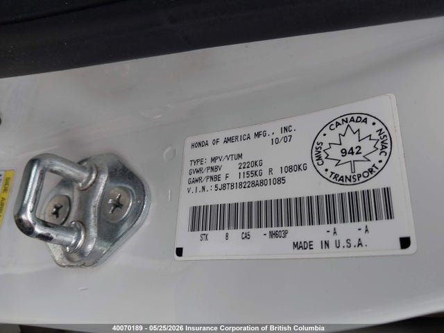2008 Acura Rdx მანქანა იყიდება აუქციონზე, vin: 5J8TB18228A801085, აუქციონის ნომერი: 40070189