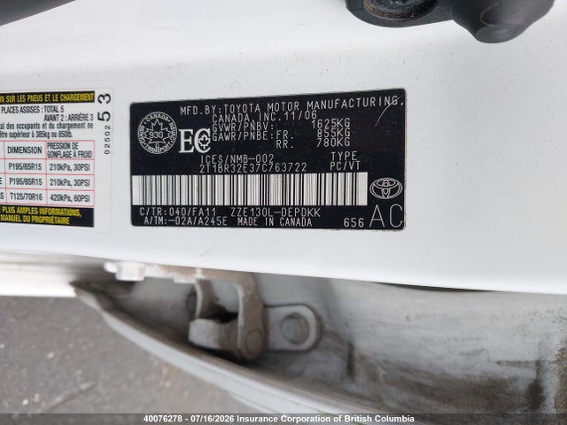 Продаж на аукціоні авто 2007 Toyota Corolla Ce/le/s, vin: 2T1BR32E37C763722, номер лоту: 40076278