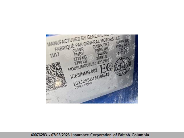 40076283 :رقم المزاد ، 1G1JD6SB4J4106612 vin ، 2018 Chevrolet Sonic مزاد بيع