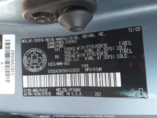 2006 Toyota Sienna Ce მანქანა იყიდება აუქციონზე, vin: 5TDZA29C06S432820, აუქციონის ნომერი: 40073947