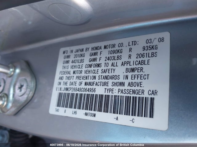 Aukcja sprzedaży 2008 Honda Accord Exl, vin: JHMCP26848C064956, numer aukcji: 40073995