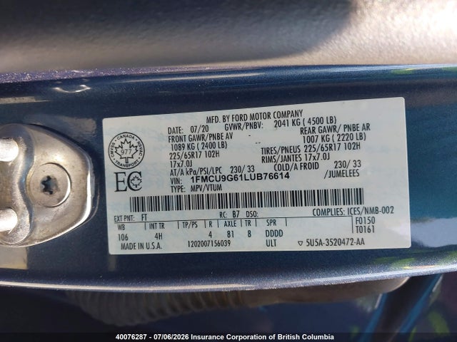 40076287 :رقم المزاد ، 1FMCU9G61LUB76614 vin ، 2020 Ford Escape Se مزاد بيع