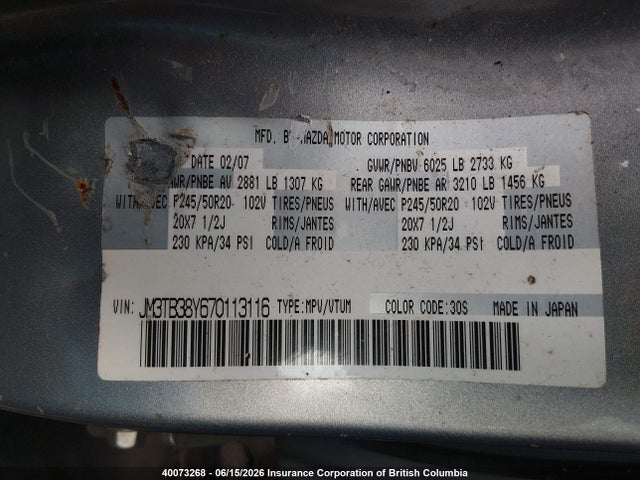 Aukcja sprzedaży 2007 Mazda Cx-9, vin: JM3TB38Y670113116, numer aukcji: 40073268