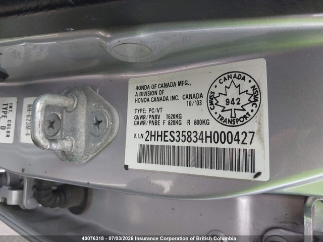 40076318 :رقم المزاد ، 2HHES35834H000427 vin ، 2004 Acura El Premium مزاد بيع