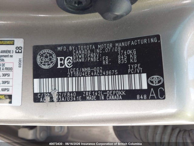 2010 Toyota Corolla S/le/xle მანქანა იყიდება აუქციონზე, vin: 2T1BU4EE4AC249675, აუქციონის ნომერი: 40073430