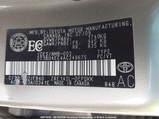 2010 Toyota Corolla S/le/xle მანქანა იყიდება აუქციონზე, vin: 2T1BU4EE4AC249675, აუქციონის ნომერი: 40073430