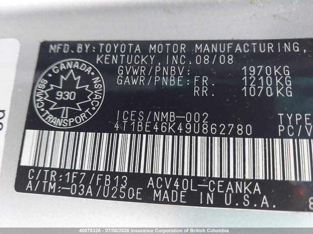 2009 Toyota Camry მანქანა იყიდება აუქციონზე, vin: 4T1BE46K49U862780, აუქციონის ნომერი: 40076326