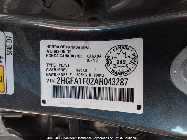 2010 Honda Civic Ex-l მანქანა იყიდება აუქციონზე, vin: 2HGFA1F02AH043287, აუქციონის ნომერი: 40073465