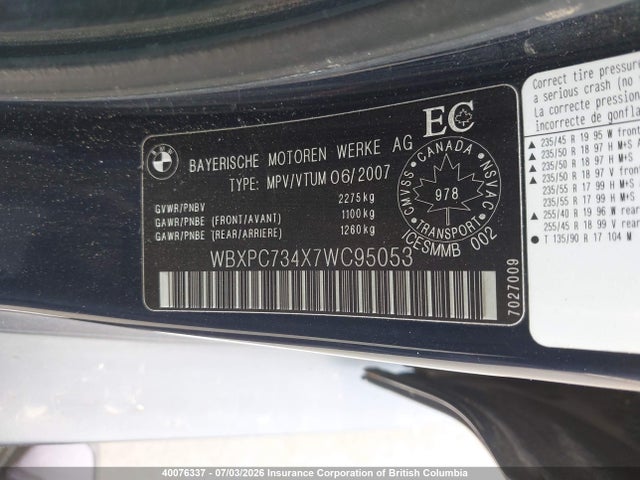 Aukcja sprzedaży 2007 Bmw X3, vin: WBXPC734X7WC95053, numer aukcji: 40076337