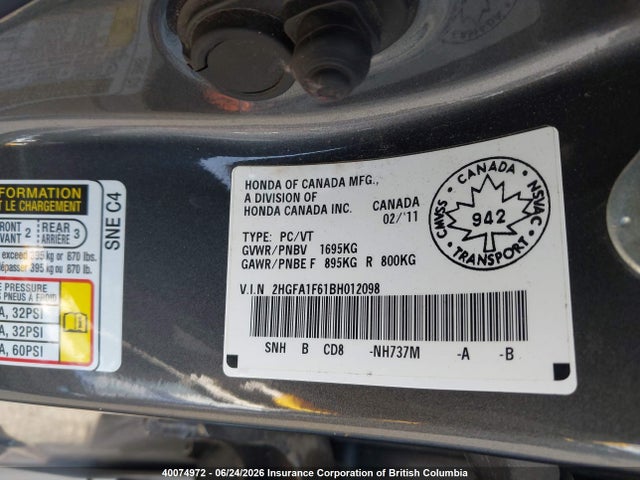 Aukcja sprzedaży 2011 Honda Civic Lx-s, vin: 2HGFA1F61BH012098, numer aukcji: 40074972