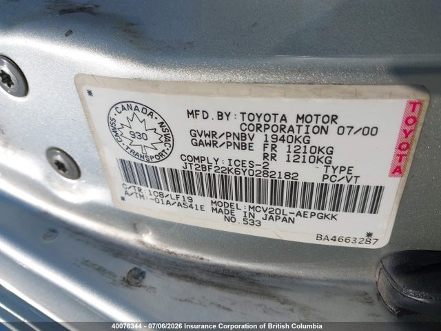 Aukcja sprzedaży 2000 Toyota Camry, vin: JT2BF22K6Y0282182, numer aukcji: 40076344