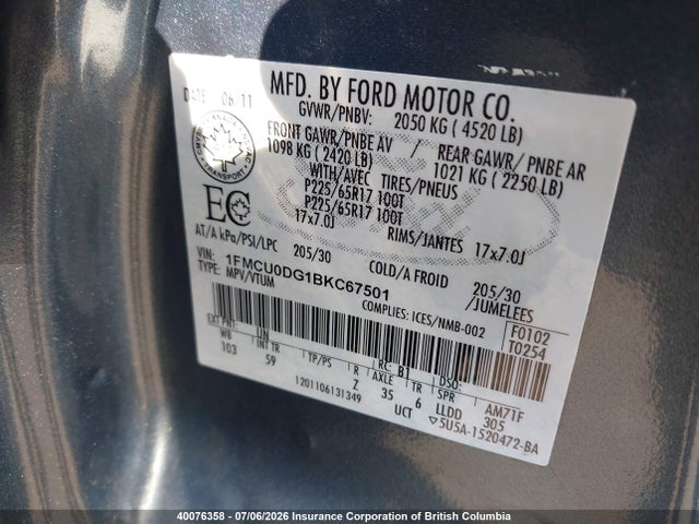 40076358 :رقم المزاد ، 1FMCU0DG1BKC67501 vin ، 2011 Ford Escape Xlt مزاد بيع