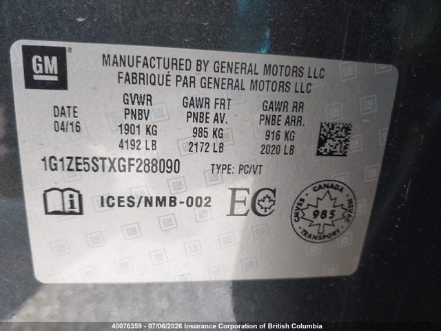 40076359 :رقم المزاد ، 1G1ZE5STXGF288090 vin ، 2016 Chevrolet Malibu Lt مزاد بيع