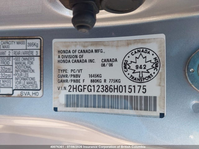 2006 Honda Civic მანქანა იყიდება აუქციონზე, vin: 2HGFG12386H015175, აუქციონის ნომერი: 40076361