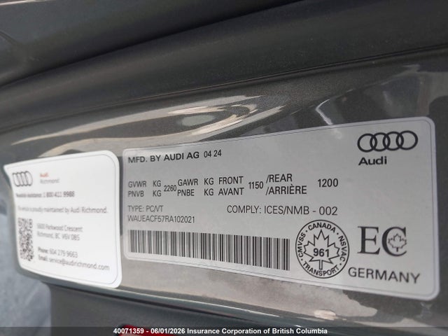 Aukcja sprzedaży 2024 Audi A5 Prestige 45, vin: WAUEACF57RA102021, numer aukcji: 40071359