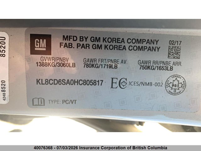 40076368 :رقم المزاد ، KL8CD6SA0HC805817 vin ، 2017 Chevrolet Spark مزاد بيع
