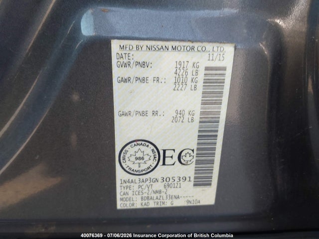 40076369 :رقم المزاد ، 1N4AL3AP3GN305391 vin ، 2016 Nissan Altima 2.5/s/sv/sl/sr مزاد بيع