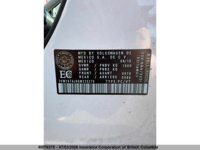 40076375 :رقم المزاد ، 3VW267AJ6GM225275 vin ، 2016 Volkswagen Jetta مزاد بيع