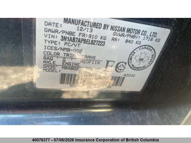40076377 :رقم المزاد ، 3N1AB7AP8EL627223 vin ، 2014 Nissan Sentra S/sv/sr/sl مزاد بيع