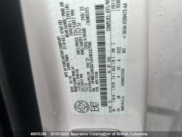 40076380 :رقم المزاد ، 1FMCU9GD1JUB32706 vin ، 2018 Ford Escape Se مزاد بيع