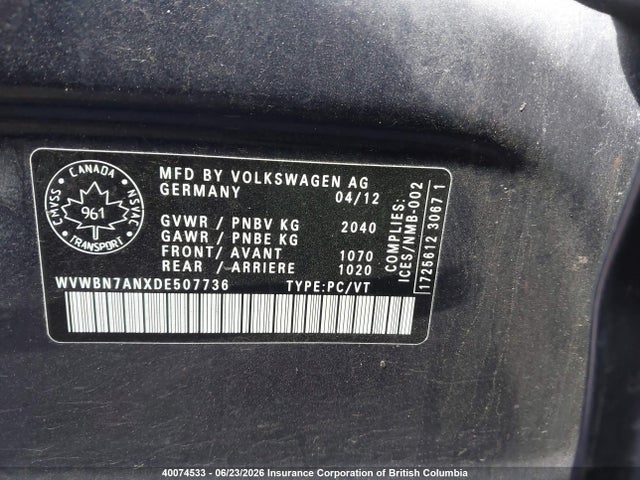 40074533 :رقم المزاد ، WVWBN7ANXDE507736 vin ، 2013 Volkswagen Cc Sport مزاد بيع