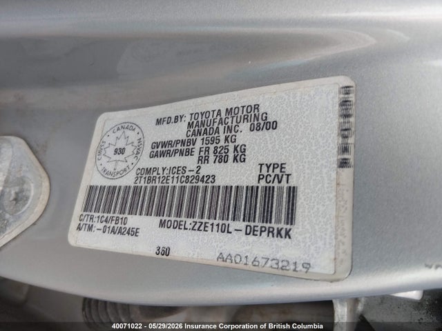 40071022 :رقم المزاد ، 2T1BR12E11C829423 vin ، 2001 Toyota Corolla Ce/le/s مزاد بيع