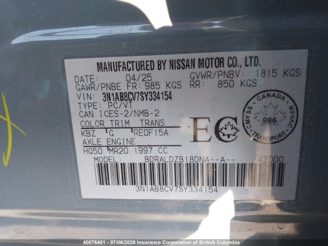 Aukcja sprzedaży 2025 Nissan Sentra Sv, vin: 3N1AB8CV7SY334154, numer aukcji: 40076401