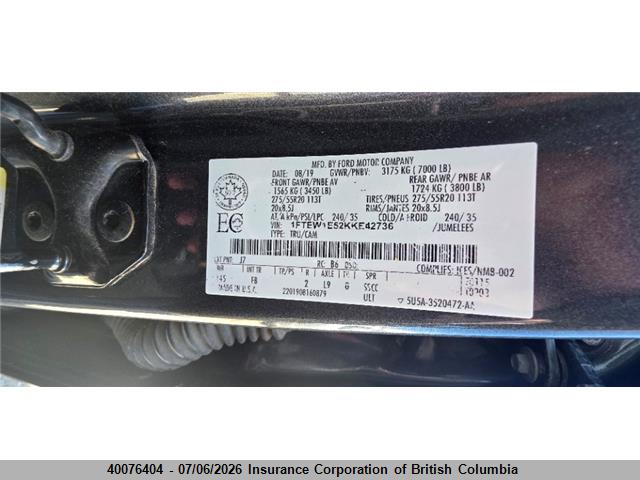 Продаж на аукціоні авто 2019 Ford F150, vin: 1FTEW1E52KKE42736, номер лоту: 40076404